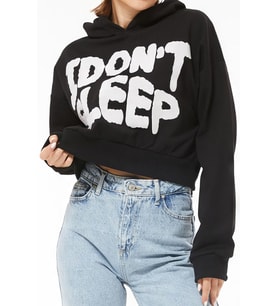 Kapüşonlu Baskılı Crop Sweatshirt (Siyah)