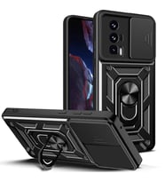 Xiaomi Poco F5 Pro Kılıf Yüzüklü Standli Sürgülü Kamera Korumalı Tank Sert Silikon Kapak (Siyah)