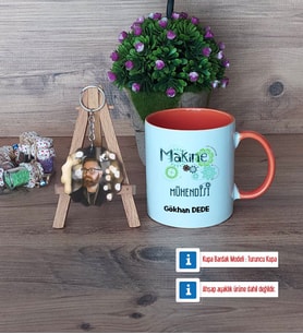 Makine Mühendisi Kupa Bardak Beyaz ve Fotoğraflı Ahşap Anahtarlık Hediye (Model 13)