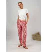 Kadın Cepli Pamuklu Lastikli Bel Kurdeleli Desenli Pijama Altı (Kırmızı)