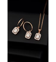 Papatya Silver 925 Ayar Gümüş Zirkon Kare Baget Taş Halka Küpe Ve Tepelikli Baget Kare Taş Kolye Set (Rose)