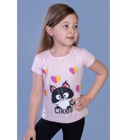Toontoy Kız Çocuk Likee Kedi Baskılı Tişört (Pudra)