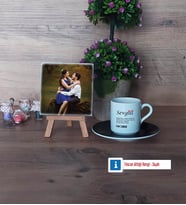Sevgiliye Hediye Fotoğraflı Dekoratif Taş, Ahşap Altlıklı Türk Kahvesi Fincanı Hediye (Model 7)