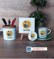Öğretmenler Günü Hediyesi Hediye Seti Dekoratif Taş, Kalemlik, Ahşap Altlıklı Türk Kahvesi Fincanı, Ahşap Anahtarlık Hediye (Model 9)