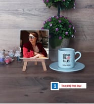 Halaya Hediye Fotoğraflı Dekoratif Taş, Ahşap Altlıklı Türk Kahvesi Fincanı Hediye (Model 2)