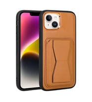 iPhone 14 Plus Kılıf Kartlıklı Standlı ?Suni Deri Memo Kılıf (Açık Kahverengi)