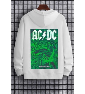Unisex Ac Dc Baskılı Kapüşonlu Sweatshirt (A.Beyaz)