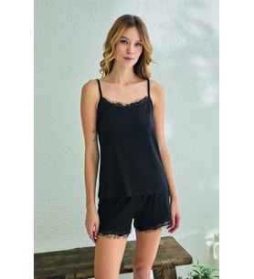 Estiva Kadın Ip Askılı Şortlu Likra Viskon Yazlık Pijama Takımı (Siyah)