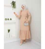 Krep Kumaş Omuz Fırfırlı Elbise (Somon)
