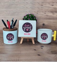 Love Your Self Hediye Sepeti Kupa Bardak T Kulplu, Kalemlik ve Dekoratif Taş Arkadaşa Hediye, Anneye Hediye (Model 5)