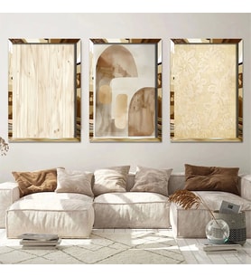 Krem Geometrik Desenli Pleksi Tablo Seti (Gold)