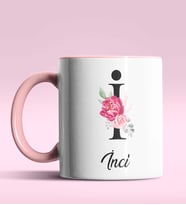 Kişiye Özel İ Harfi Temalı Gül Tasarım Siyah Renk Kupa (Pembe)