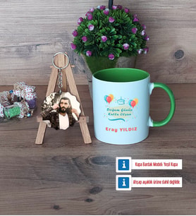 Doğum Günü Hediyesi Kupa Bardak Beyaz ve Fotoğraflı Ahşap Anahtarlık Hediye (Model 14)