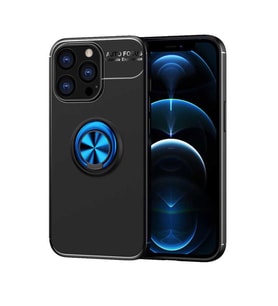Apple iPhone 13 Pro Max Kılıf Standlı Yüzüklü Manyetik Silikon (Siyah-Mavi)