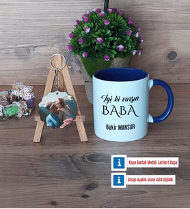 Babaya Hediye Kupa Bardak Beyaz ve Fotoğraflı Ahşap Anahtarlık Hediye (Model 3)