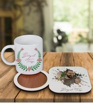 Kişiye Özel Tasarım Kupa Bardak Ve Fotoğraflı Ahşap Bardak Altlığı 99300 (Mor)