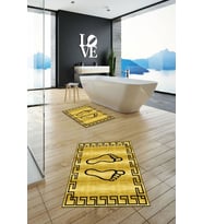 EVDEYA Baskılı Yıkanabilir Çerçeveli Ayak İzi Desenli İkili Banyo Halısı Klozet Takımı, KLOZET-19-BEYAZ, (Sarı)