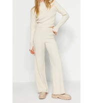 Tarz Kadın Modern Moda Normal Bel Boru Paça Dik Yaka Crop Parmak Detaylı Triko Alt-Üst Takım (Taş)