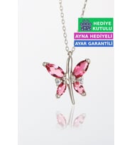 Jewelmim Kırmızı Gümüş Kelebek Kolye Beyaz Altın Kaplama Bayan Kelebekli 925 Ayar Kadın Gümüş Kelebek Kolyesi (Beyaz)