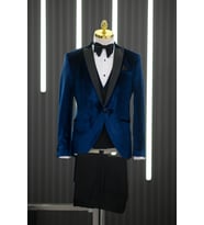 Torres Regular Fit Kırlangıç Yaka Çift Yırtmaç Kadife Smokin Takım Elbise (Saks)