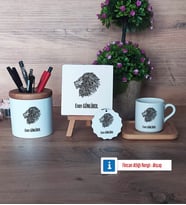 Aslan Hediye Seti Dekoratif Taş, Kalemlik, Ahşap Altlıklı Türk Kahvesi Fincanı, Ahşap Anahtarlık Hediye (Model 1)