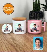 Kişiye Özel Karikatürlü Patron Hediye Seti Pastel T Kupa, Kalemlik, Anahtarlık Big Boss Patrona Doğum Günü Hediyesi (Pembe)