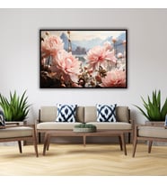 Metal Çerçeveli Yatay Cam Tablo Pastel Soft Pembe Hint Lotusu (Siyah)