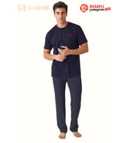 Mod Collection 3416 Erkek Düğmeli Yaka Kısa Kollu Çizgili %100 Pamuklu Rahat Kalıp Pijama Takım (Lacivert)