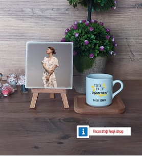 Öğretmene Hediye Fotoğraflı Dekoratif Taş, Ahşap Altlıklı Türk Kahvesi Fincanı Hediye (Model 1)