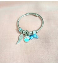 kadın baykuş figürlü çelik pandora (Mavi)
