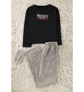 Tarz Rahat Uzun Kollu Boru Paça Pamuklu Leopar Desenli Kalpli İç Polarlı Uyku Bantlı Pijama Takımı (Siyah)