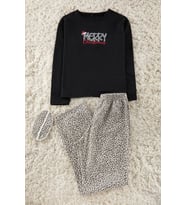 Tarz Rahat Uzun Kollu Boru Paça Pamuklu Leopar Desenli Kalpli İç Polarlı Uyku Bantlı Pijama Takımı (Siyah)