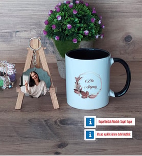 Doğum Günü Hediyesi İsme Özel Kupa Bardak Beyaz ve Fotoğraflı Ahşap Anahtarlık Hediye (Model 11)