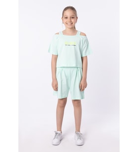 ORGANİK PAMUKLU BASKILI YÜKSEK BEL BOKSÖR KEMERLİ AÇIK OMUZLU CROP KESİM T-SHIRT (Mint Yeşili)