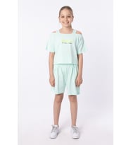 ORGANİK PAMUKLU BASKILI YÜKSEK BEL BOKSÖR KEMERLİ AÇIK OMUZLU CROP KESİM T-SHIRT (Mint Yeşili)