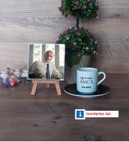 Amcaya Hediye Fotoğraflı Dekoratif Taş, Ahşap Altlıklı Türk Kahvesi Fincanı Hediye (Model 7)