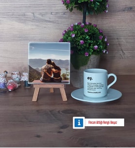 Eşe Hediye Fotoğraflı Dekoratif Taş, Ahşap Altlıklı Türk Kahvesi Fincanı Hediye (Model 2)
