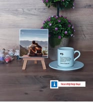 Eşe Hediye Fotoğraflı Dekoratif Taş, Ahşap Altlıklı Türk Kahvesi Fincanı Hediye (Model 2)
