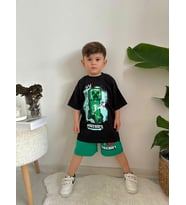 ERKEK ÇOCUK MINECRAFT PAMUK DESENLİ ŞORTLU TAKIM (Yeşil)