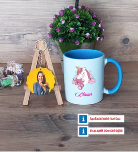 Unicorn Kupa Bardak Beyaz ve Fotoğraflı Ahşap Anahtarlık Hediye (Model 4)