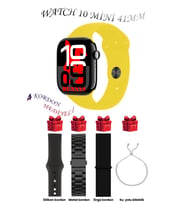 Samsung Galaxy M42 Uyumlu Açık Mavi Akıllı Saat Watch 10 Mini Kordon Hediyeli AMOLED EKRAN 41MM (Siyah - Sarı) (Siyah-Sarı)