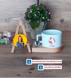 Unicorn Kupa Bardak Beyaz ve Fotoğraflı Ahşap Anahtarlık Hediye (Model 8)