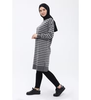 Kadın Çizgili Uzun Triko Tesettür Tunik 4355 (Füme)
