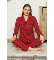 Dreamy Ekoseli Pamuklu Biyeli  Uzun Kollu Gömlek Pijama Takımı (Kırmızı)
