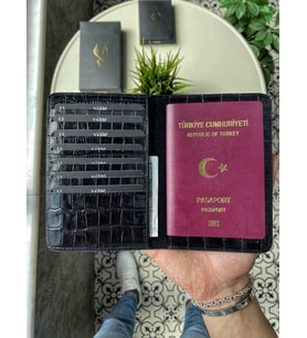 VİSSO 911 Hakiki Deri İsme Özel Pasaport Kılıfı (Kroko Siyah)