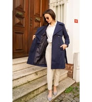 Pastelastore %100 Pamuk Gabardin Midi (95cm) Astarlı Kemerli Kadın Trençkot 1113 (Lacivert)