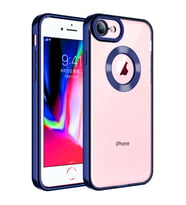 Apple iPhone SE 2020 Kılıf Logo Yeri Açık Kamera Lens Korumalı Renkli Kenarlı Şeffaf Silikon (Lacivert)