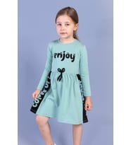 Toontoy Kız Çocuk Taş İşlemeli Enjoy Baskılı Elbise (Yeşil)