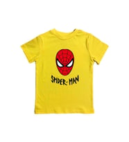 Spiderman baskılı örümcek adam pamuklu penye kumaş yazlık çocuk tişört (Sarı)