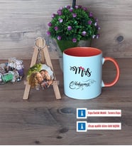 Eşe Hediye Mrs Kupa Bardak Beyaz ve Fotoğraflı Ahşap Anahtarlık Hediye Yıl Dönümü Hediyesi (Model 13)